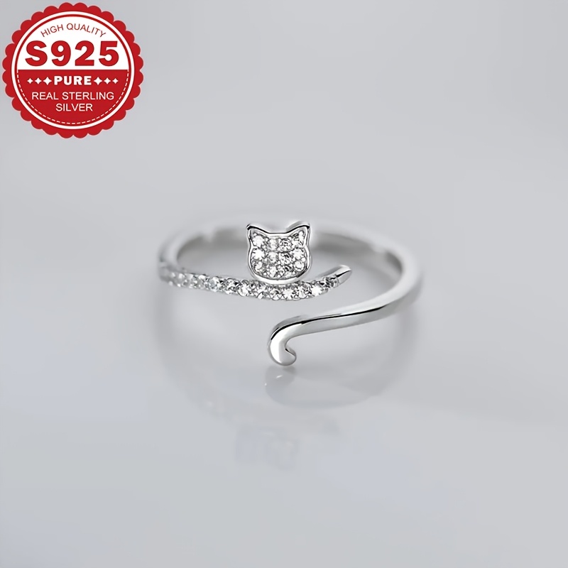 Women's S925 Sterling Silver Cute Cat Open Ring, Adjustable